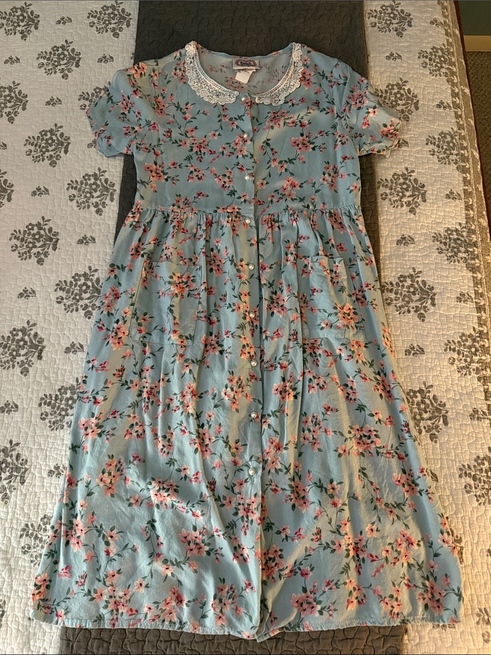 Floral Button-Front Midi Dress with Lace Collar - Blue